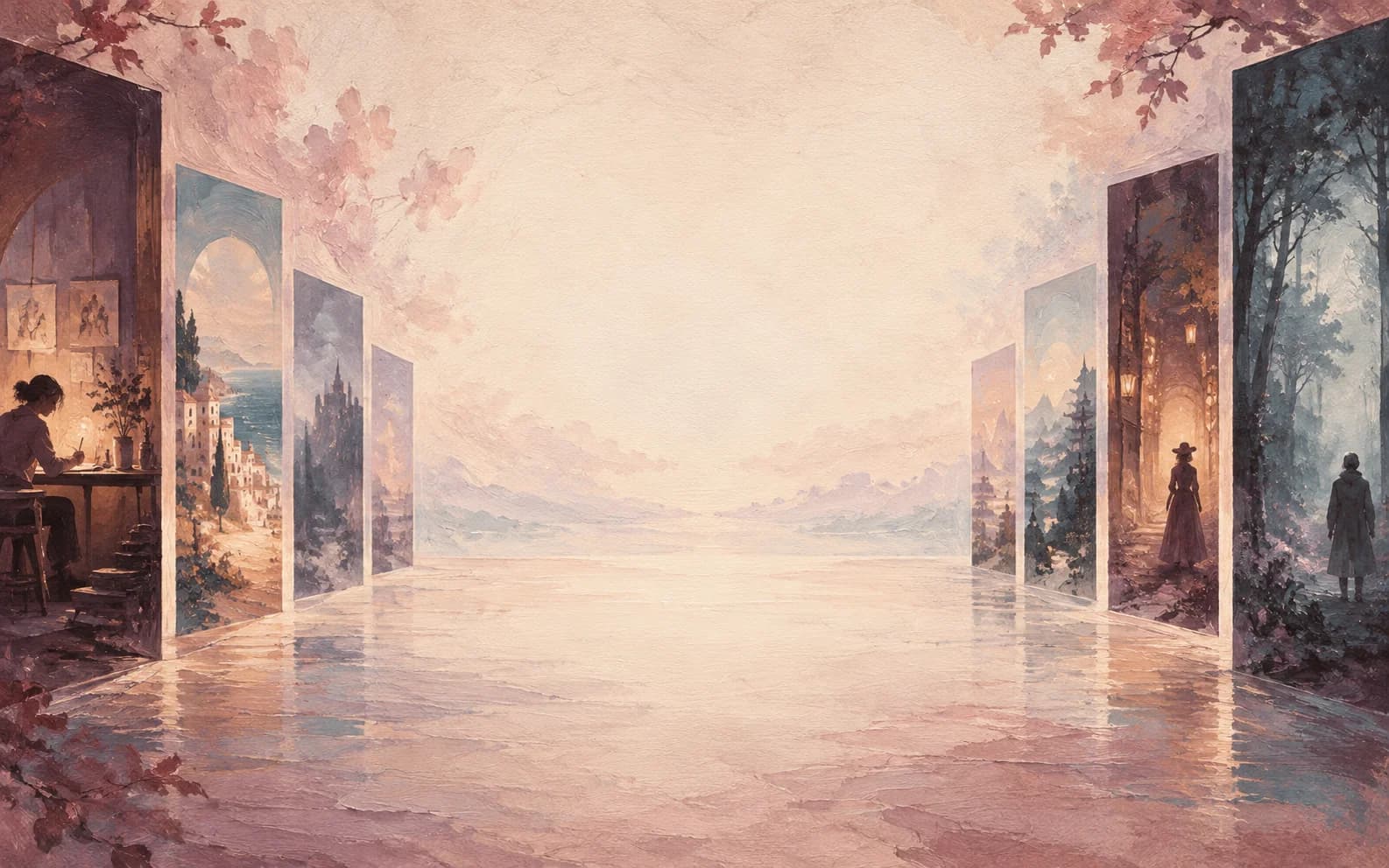 Oil-painted doorways leading into different story worlds
