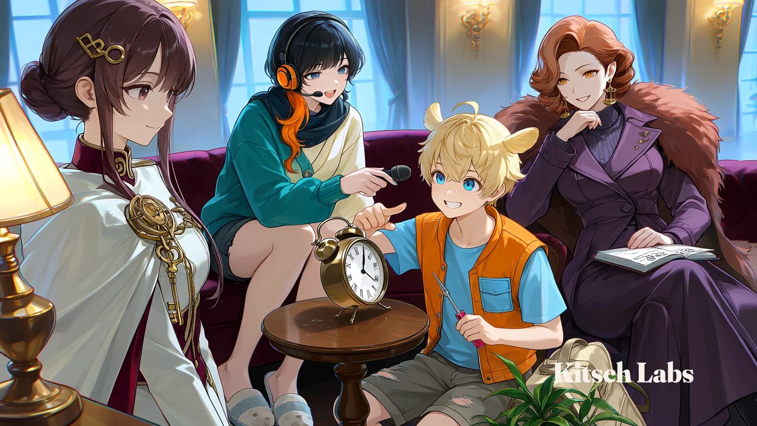 UNLISTED characters Edel, Frequency 0, Moro, and Madame If together in a hotel lounge