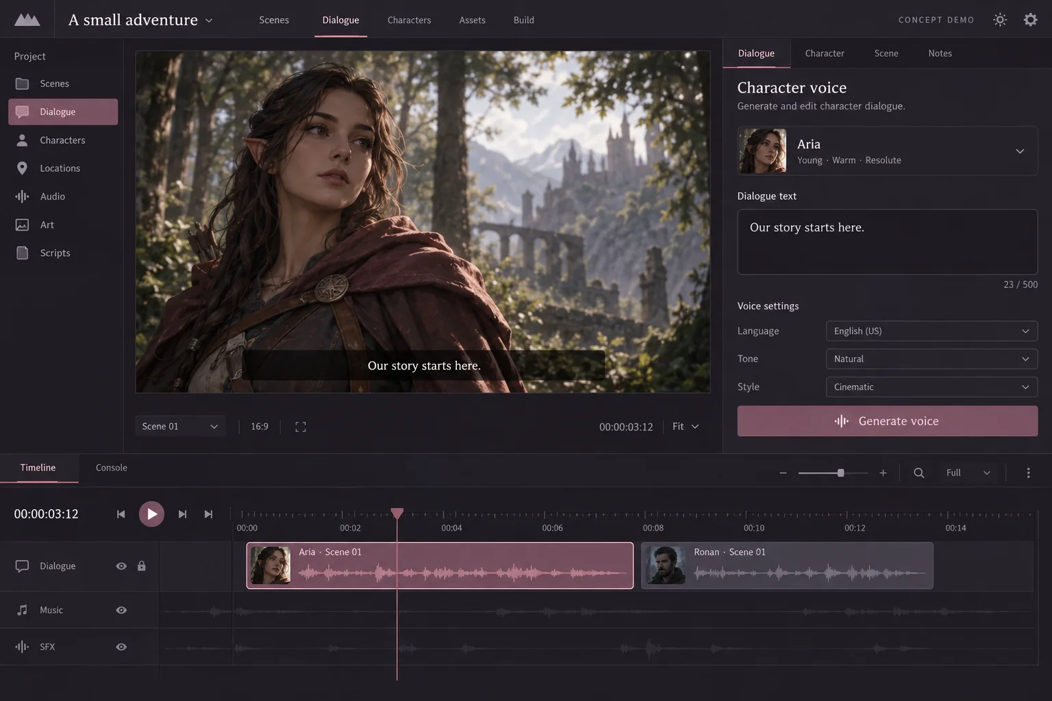 ゲームのセリフ編集画面でキャラクターに声を添えるコンセプトデモ